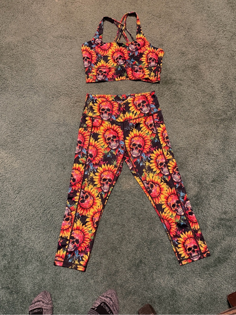 CVG Sunflower Skull Print Capris and bra - Black/Orange